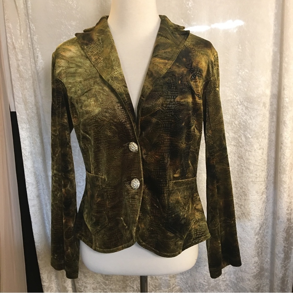 15 Velvet Snake Print Blazer in green with Embellished buttons Size  Small